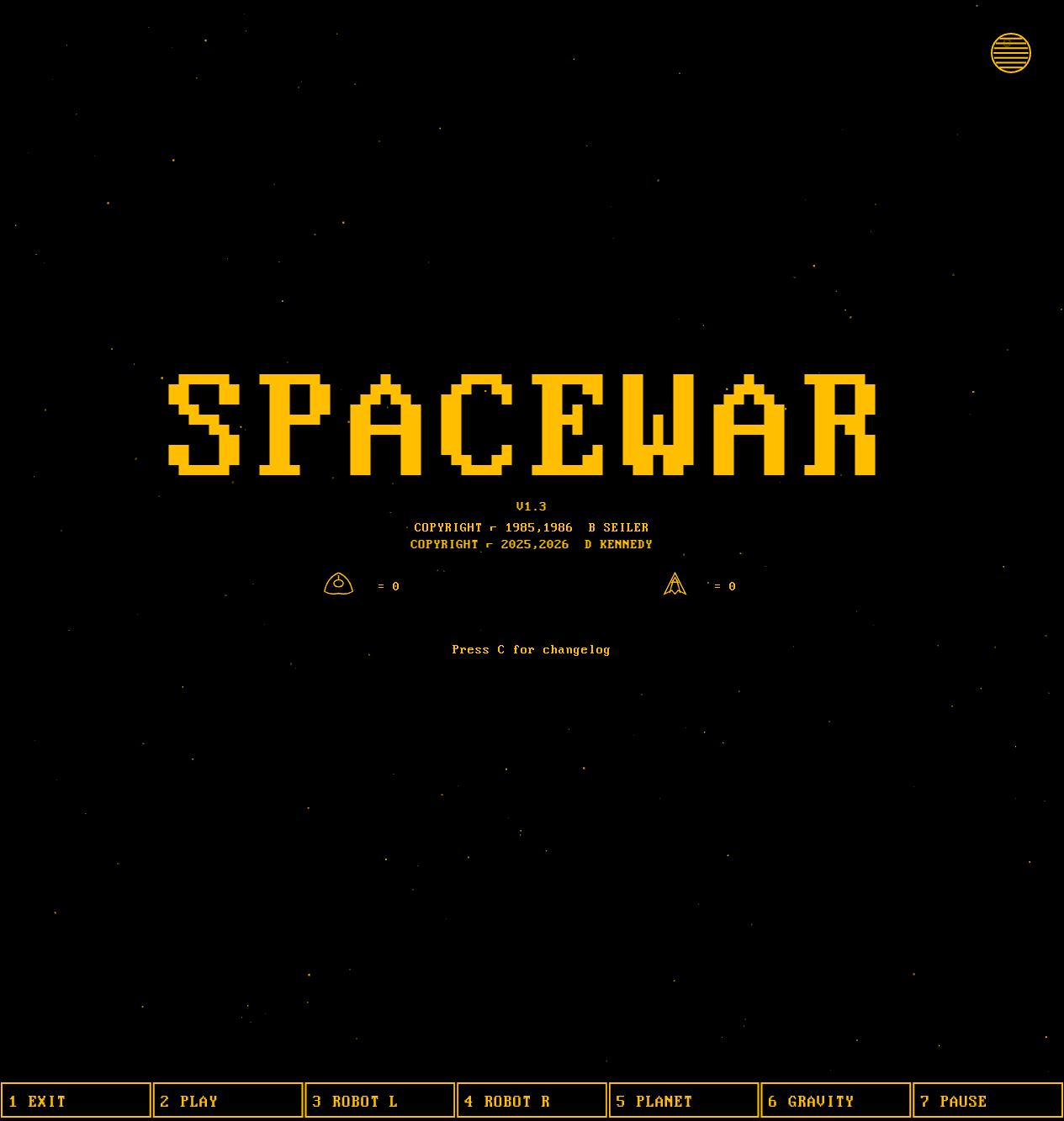 SPACEWAR! title screen with CGA amber monochrome aesthetic